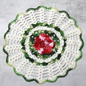 Vintage Hand Made Doily Round Rose in Shades of Reds Pinks Greens Trim 8"